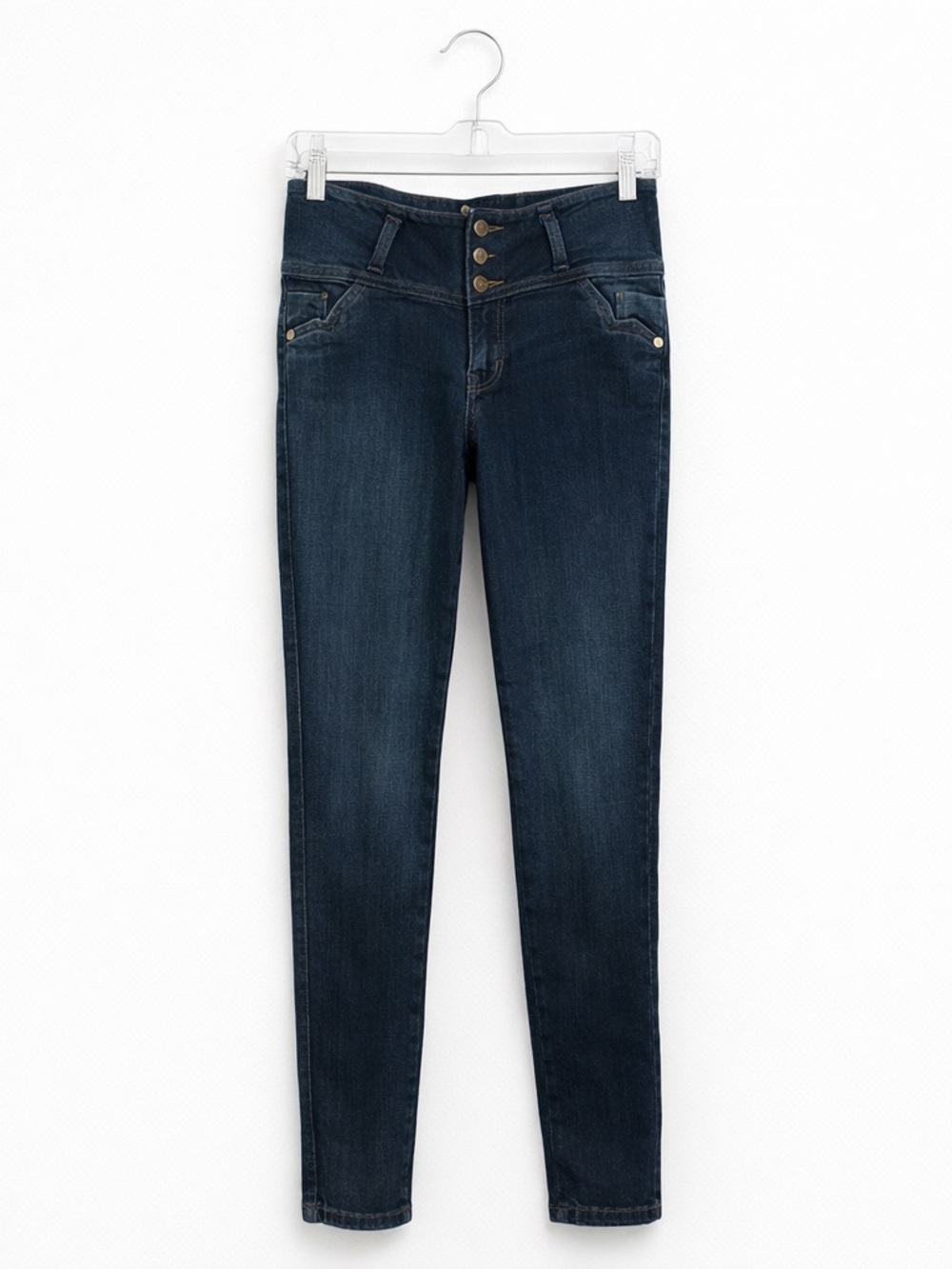 Dark Wash High Rise Skinny Jeans Women’s Indigo Stretch Denim Button Waist